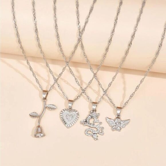 Silver Rose Angel Heart & Snake Charm 4pc Necklace Set - Picture 1 of 3